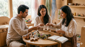 Tres adultos colaborando en un salón de pedagogía Waldorf en Puebla, ordenando materiales naturales de un rincón de juego en Tlaollin Cholula.
