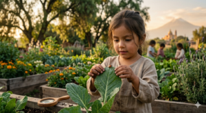 Niña descubriendo la naturaleza en el huerto de Tlaollin, la mejor propuesta waldorf cerca de ti en Cholula para el desarrollo sensorial.