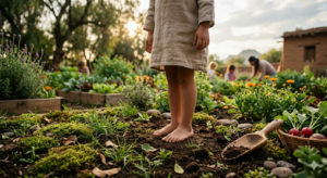 iños descalzos en el huerto de Tlaollin, practicando 'grounding' para la salud emocional en una escuela waldorf cerca de ti en Cholula.