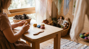 Manos de niño moldeando cera de abeja natural en un salón Waldorf de Puebla con juguetes de madera y luz solar suave en Tlaollin Cholula.