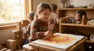 Niña en Tlaollin Cholula enfocada en su pintura, mostrando la importancia de las artes y la imaginación al comparar pedagogia waldorf vs montessori.