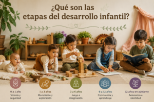 Qué son las etapas del desarrollo infantil representadas con niñas y niños en distintas edades dentro de un ambiente educativo natural.