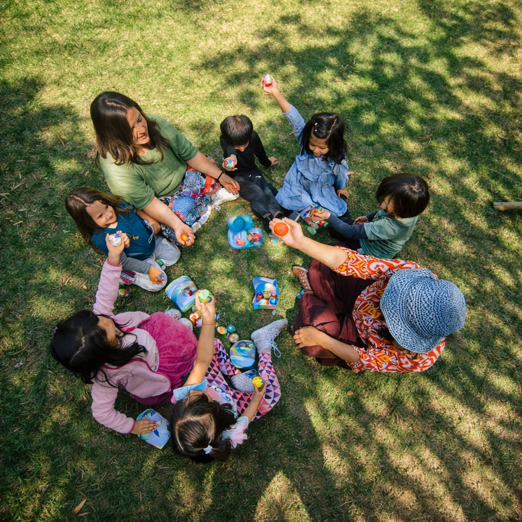 Niños participando en actividad grupal al aire libre basada en crianza positiva y pedagogía Waldorf