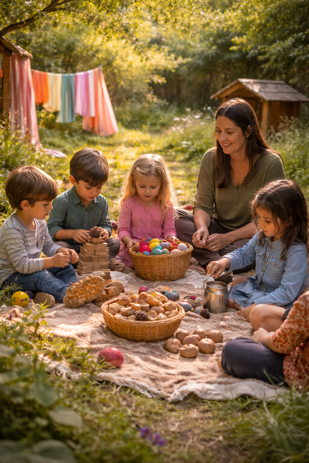 Niños en el primer septenio jugando en entorno natural con acompañamiento adulto desde la crianza positiva