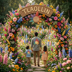 Padre e hijos de espaldas entrando por un arco de flores hacia el camino de ingreso de la escuela Waldorf Tlaollin Cholula, Puebla, México