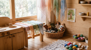 Rincón de juego de un salón de preescolar Waldorf en Puebla con juguetes de madera, telas de seda de colores y materiales naturales en Tlaollin Cholula.