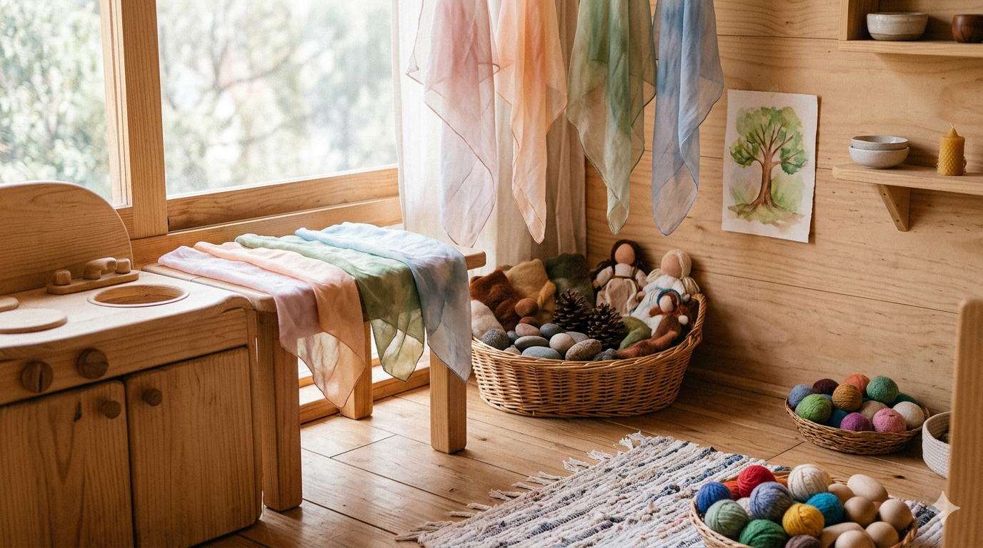 Rincón de juego de un salón de preescolar Waldorf en Puebla con juguetes de madera, telas de seda de colores y materiales naturales en Tlaollin Cholula.