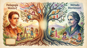 Ilustración artística estilo acuarela comparando la pedagogia waldorf vs montessori con retratos de Steiner y Montessori unidos por un árbol de la vida en Tlaollin Cholula.