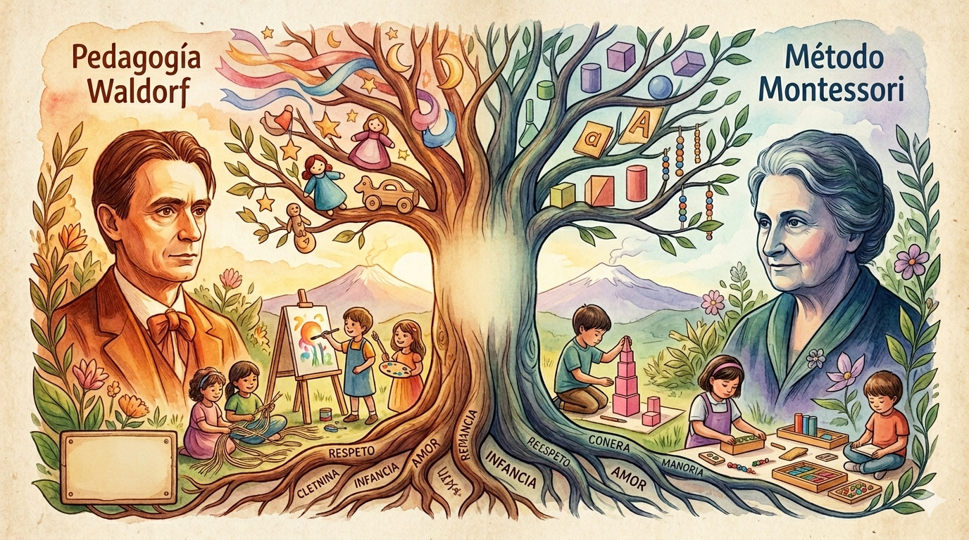Ilustración artística estilo acuarela comparando la pedagogia waldorf vs montessori con retratos de Steiner y Montessori unidos por un árbol de la vida en Tlaollin Cholula.