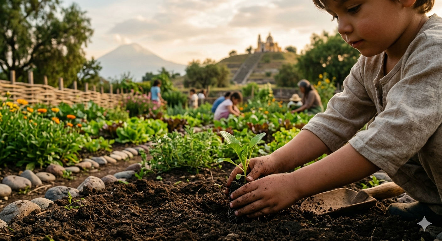 Niños aprendiendo sobre agricultura orgánica y educación ambiental en Tlaollin, la mejor opción Waldorf cerca de ti en Cholula.