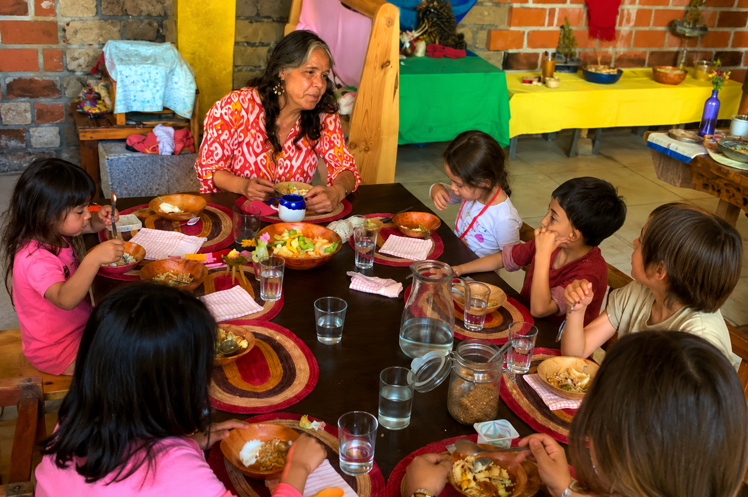 Niños compartiendo alimentos en una mesa comunitaria de Tlaollin, escuela Waldorf Cholula