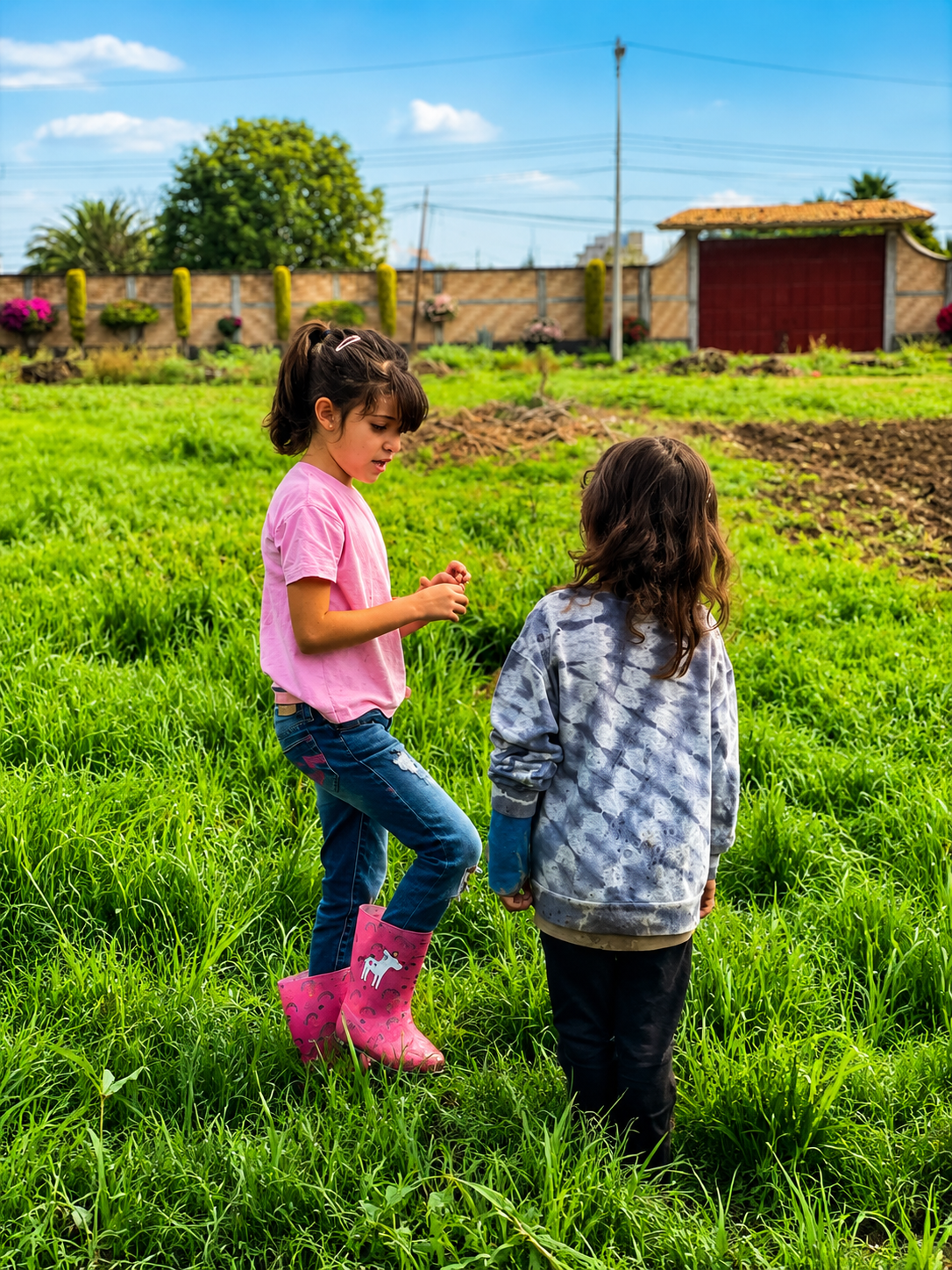 Niñas caminando entre el pasto del huerto de Tlaollin, escuela Waldorf Cholula