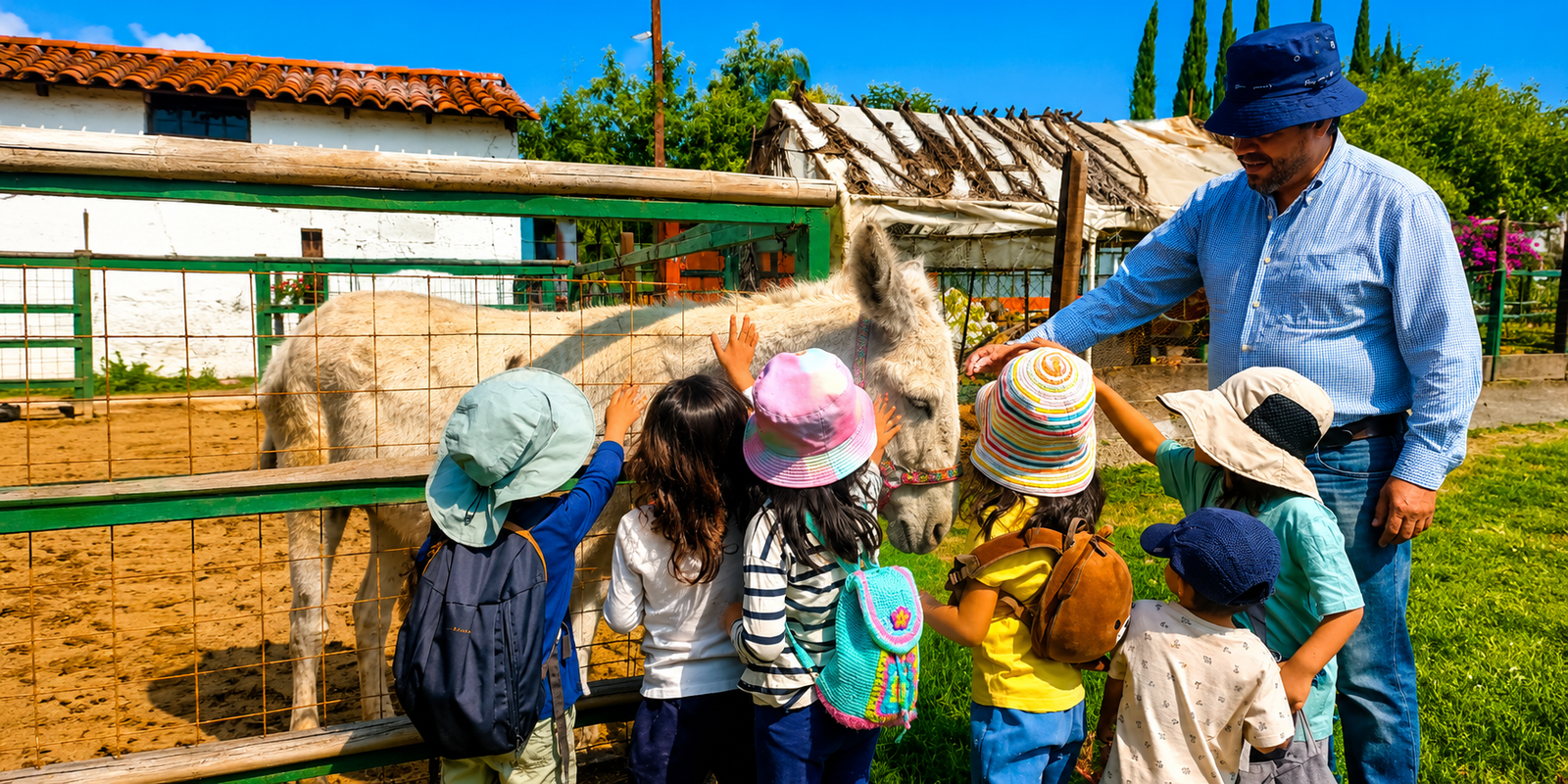 Niños acariciando un burro durante una salida al aire libre de Tlaollin, escuela Waldorf Cholula
