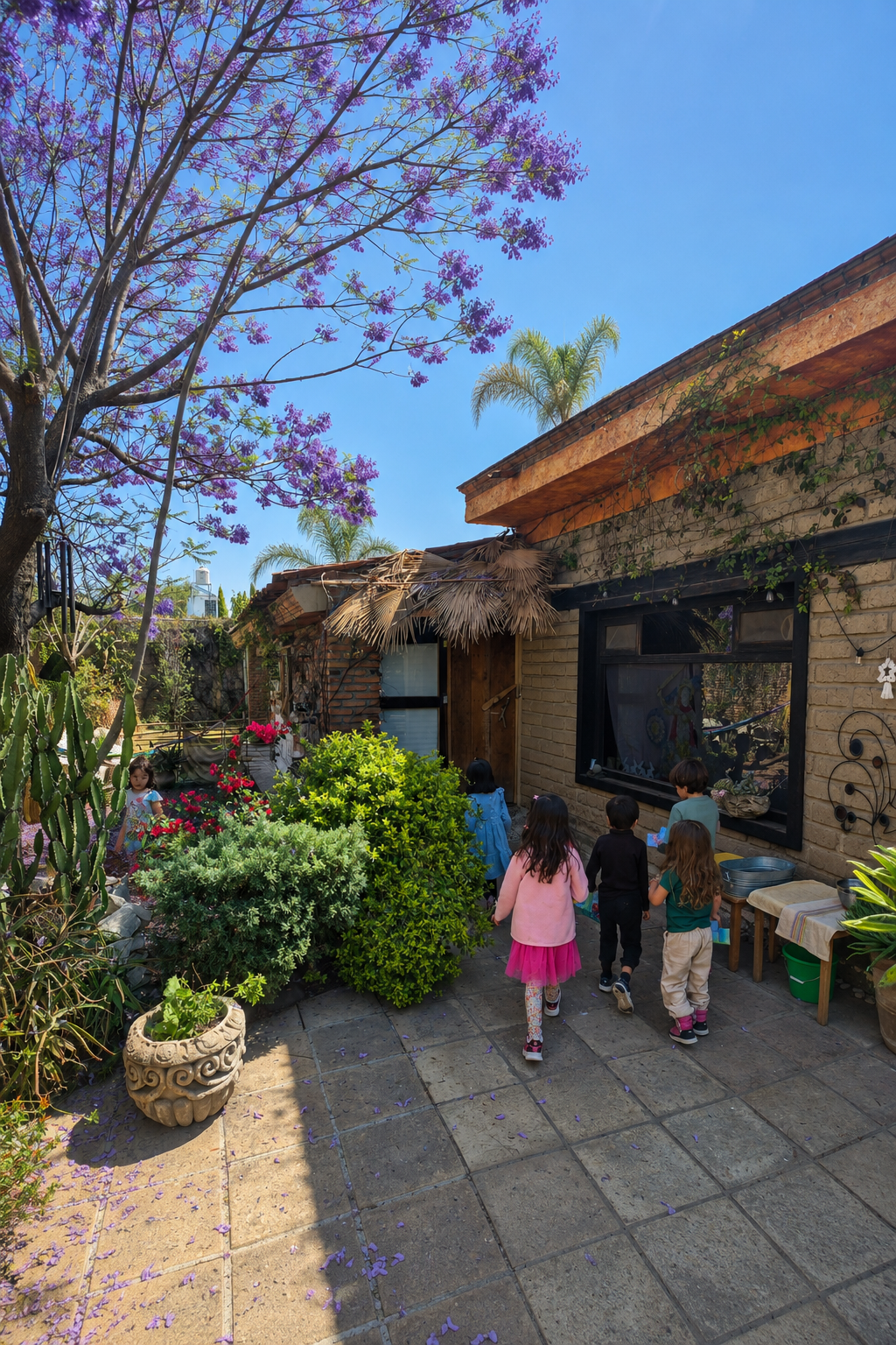 Niños caminando en el jardín de Tlaollin, escuela Waldorf Cholula, rodeados de naturaleza y juego libre