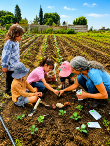 Niños sembrando plantas con una maestra en el huerto de Tlaollin, escuela Waldorf Cholula