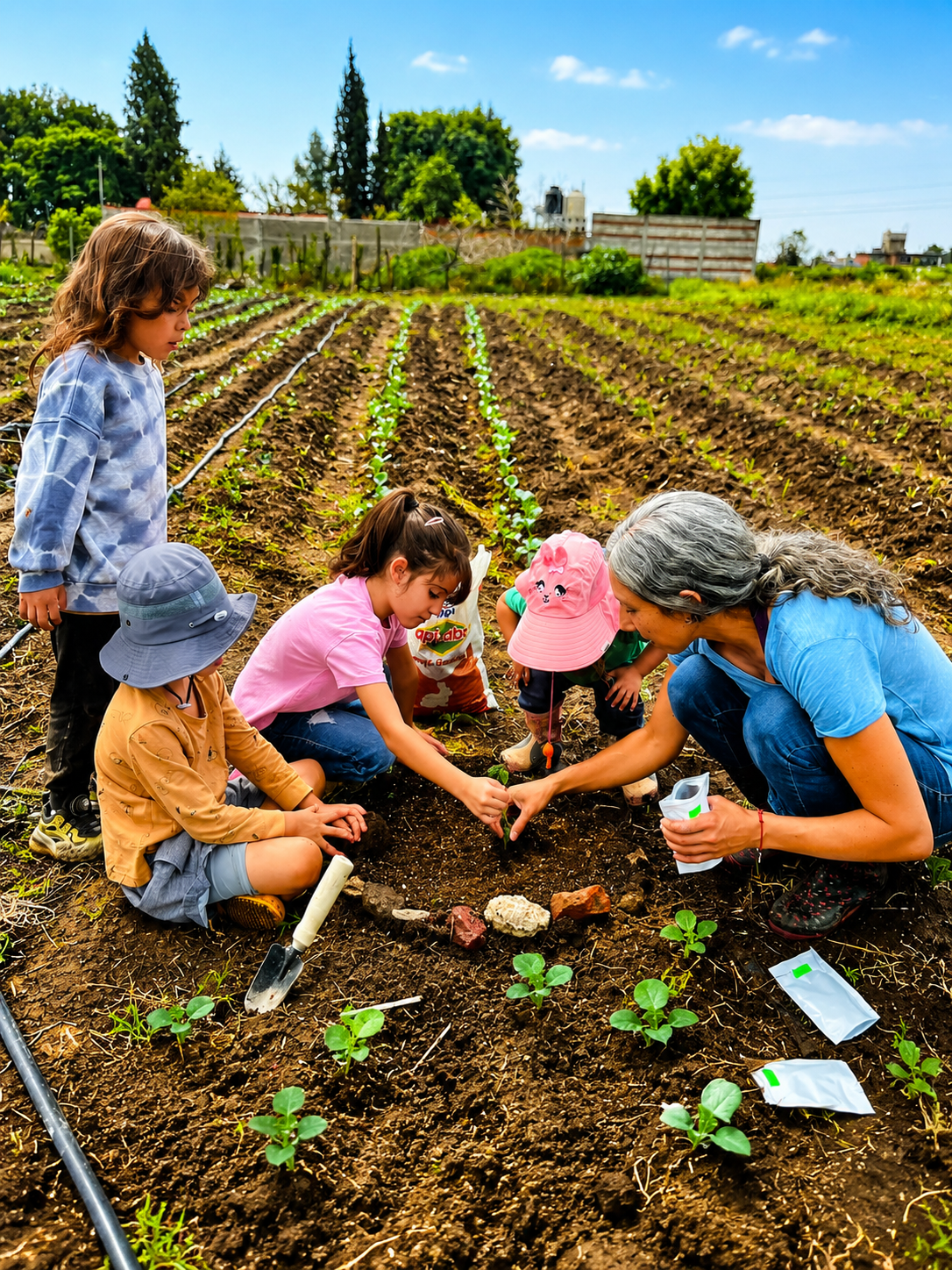 Niños sembrando plantas con una maestra en el huerto de Tlaollin, escuela Waldorf Cholula
